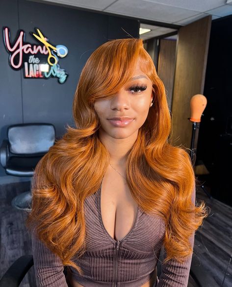 Copper Frontal Wig, Fall Frontal Wig Hairstyles, Fall Wigs Black Women, Ginger Wig Layers, Ginger Hair Side Part, Copper Lace Front Wigs Black Women, Dark Skin Colored Wig, Ginger Hair Quick Weave, Colored Layered Wig Black Women