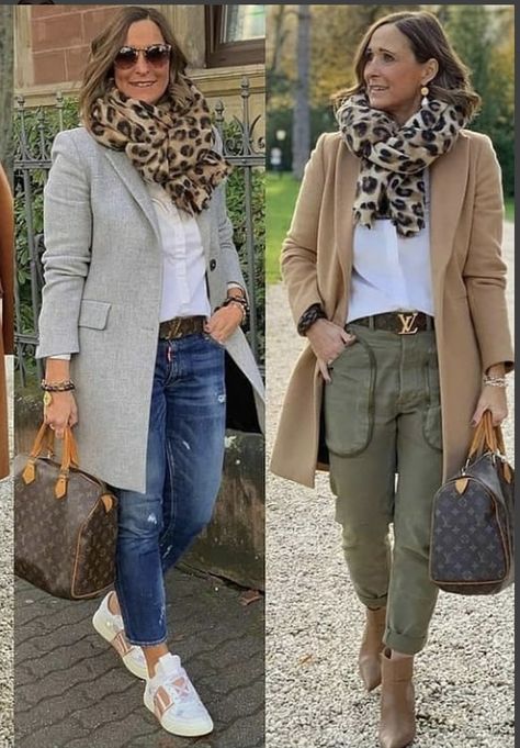 Mode Over 50, Stylish Outfits For Women Over 50, Over 60 Fashion, Leopard Print Scarf, Mode Casual, 60 Fashion, Fashion Styling, Casual Chic Outfit, Casual Work Outfits