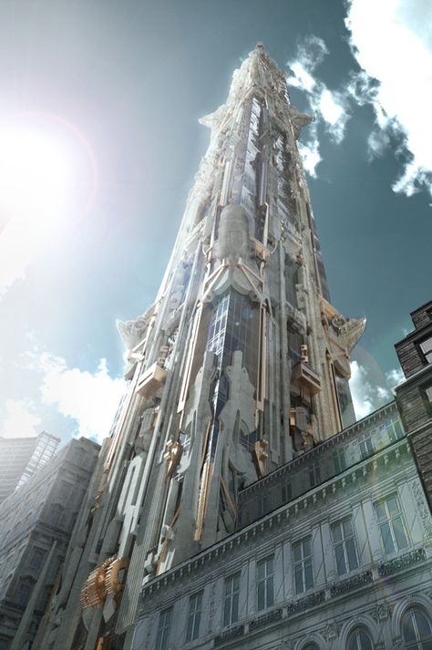 Stunning New York Skyscraper with Highly Decorative Carved Stone Facade Décor Steampunk, Neo Art Deco, Mark Foster, Stone Facade, Skyscraper Architecture, Nature Wallpapers, Living Modern, Chrysler Building, Fantasy City