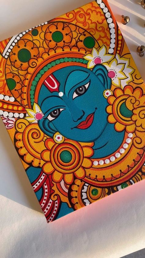 Pichwai Paintings Canvas, Lord Krishna Mural Painting, Hindu Canvas Painting, Canvas Painting Krishna Indian Art, Mural Painting Simple, Kerala Mural Art Krishna, Hindu Art Paintings, Simple Kerala Mural Painting Sketch, Painting Ideas On Canvas Nature