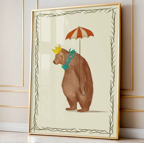 Crowned Bear Illustration Digital Download - Green Leaf Details and Colorful Umbrella -Nursery Wall Art - Printable Wall Decor Colorful Umbrellas, Nursery Wall Art Printable, Bear Illustration, Circus Theme, Bear Print, Wall Decor Printables, Art File, Green Leaves, Nursery Wall Art