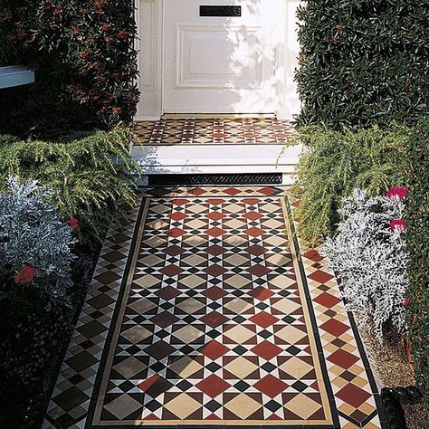 Minton path Victorian Mosaic Tile, Front Path, Victorian Porch, Brick Edging, Victorian Floor Tiles, Porch Tile, Victorian Floor, Tiled Floor, Front Gardens