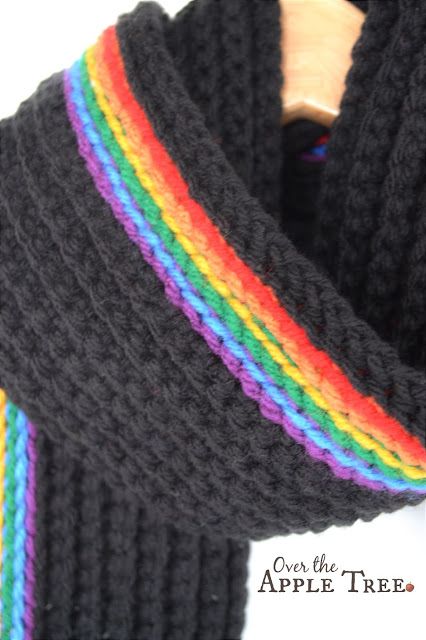 Over The Apple Tree: The Dark Rainbow Scarf Rainbow Scarf Crochet Pattern, Pride Scarf Crochet, Black And Rainbow Crochet Blanket, Crochet Rainbow Scarf, Rainbow Scarf Crochet, Pride Knitting Patterns, Rainbow Crochet Hat, Rainbow Knitting, Pride Crochet