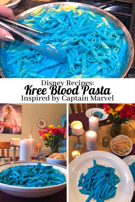 Kree Blood Pasta Blue Savory Food Ideas, Blue Dinner Food, Blue Food Ideas Meals, Marvel Food Recipes, Blue Themed Food Platter, Blue Color Food Ideas, Blue Food For Color Party, Blue Savory Food, Blue Foods For Party Savory