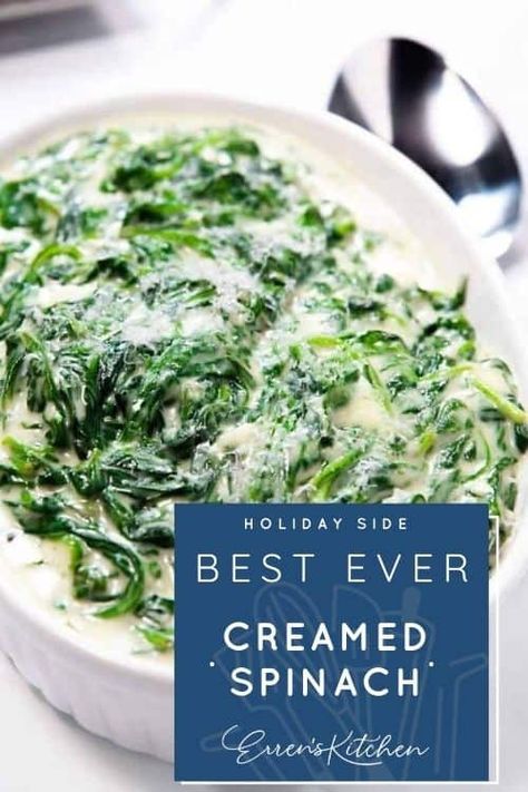 Have everyone eating their greens with this fantastic recipe for Creamed Spinach. #spinach #sides #thanksgiving #errenskitchen Thnksgiving Table, Frozen Creamed Spinach, Spinach Creamed, Best Creamed Spinach, Best Creamed Spinach Recipe, Dinner Spinach, Veggie Casseroles, Cream Spinach, Creamed Spinach Recipe