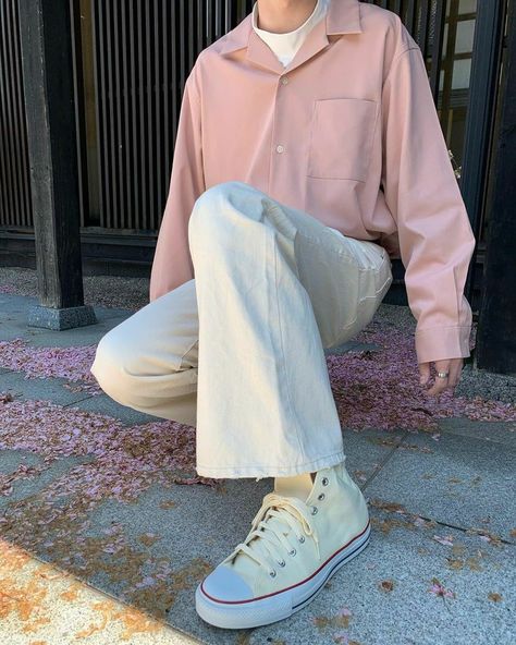 Cute Mens Outfits Pastel, Masc Pastel Outfits, Pink Long Sleeve Shirt Outfit, Pastel Male Outfits, Feminine Male Outfits, Pastel Academia Outfit, Pastel Outfit Men, Soft Boy Aesthetic Outfits, Outfit With Yellow