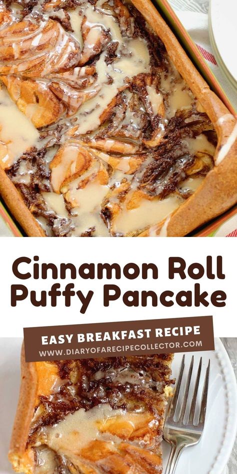 Cinnamon Roll Puffy Pancake -An easy to prepare oven-baked pancake filled with swirls of a cinnamon sugar mixture and topped with a quick icing. Deep Dish Pancake, Breakfast Ideas In A Bunt Pan, Brunch Without Eggs, Pancake Mix Dinner Recipes, Pancake Pudding Recipe, Sheet Pan Pancakes Krusteaz, Recipes Using Pancake Mix Baking, Things To Make With Bisquick, Pancake Mix Casserole