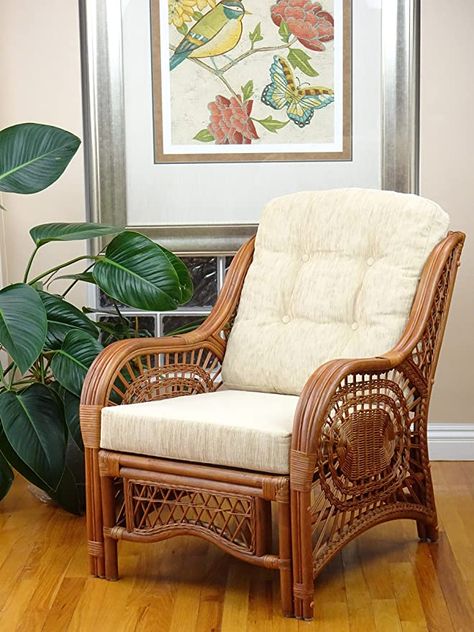 Amazon.com: Malibu Lounge Armchair ECO Natural Rattan Wicker Handmade Design with Cream Cushion, Colonial (Light Brown): Kitchen & Dining Conservatory Living Room, Colonial Colors, Wicker Rocker, Wicker Lounge Chair, Wicker Armchair, Rattan Lounge Chair, Tufted Arm Chair, Rattan Armchair, Brown Cushions