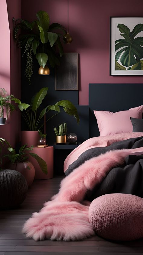 Dark Pink Bedroom Ideas For Women, Deep Pink Bedroom, Black Pink And Grey Bedroom Ideas, Bedroom Pink And Black, Pink And Burgundy Bedroom, Dark Pink Room, Girly Adult Bedroom, Pink Adult Bedroom, Rose Gold Bedroom Ideas