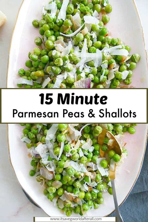 peas on a serving dish with text boxes for recipe name and website Peas Side Dish, Pea Side Dish Recipes, Pea Side Dish, Fresh Peas, Sweet Peas, Easy Vegetable Side Dishes, Plant Based Recipes Easy, Healthy Vegetable Recipes, Pea Recipes