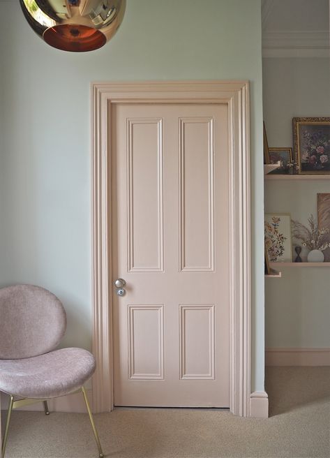 Light pink door colour. Painted internal door in plaster pink. Blush pink interiors. Painted skirting. Pink decor ideas. Pink interior inspiration. West Elm chair. Tom Dixon light. Painted Interior Door, Interior Door Color, Interior Door Colors, Architecture Restaurant, Hallway Makeover, Painted Interior Doors, Pink Door, 아파트 인테리어, Tom Dixon