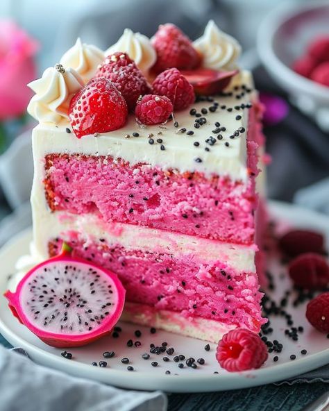 Seriously, this 'dragon fruit' cake disappeared faster than you can say 'yum' Chocolate Fruit Cake Recipe, Dragon Fruit Cake Recipe, Asian Fruit Cake, Fruity Cake Flavors, Fruit Flavored Cakes, Dragonfruit Desserts, Dragonfruit Cake, Dragon Fruit Cake, Dragon Fruit Recipe