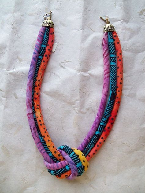 Batik knotted cord necklace Ethnic soft fiber by paintedthreads2 Batik Jewelry, Fiber Art Jewelry, Fabric Necklace, Boho Chic Jewelry, Fiber Jewelry, Textile Jewelry, Jewelry Outfit, Cool Necklaces, Cord Necklace