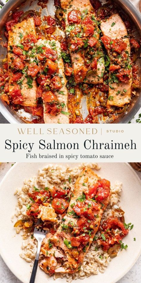 Salmon Chraimeh is a vibrant, aromatic North African dish featuring fish braised in spicy tomato sauce. Brightened up with fresh lemon juice and herbs, this is an ideal dinner recipe for Shabbat or any weeknight meal. I like to serve it over rice, but mashed potatoes would be great too. Dairy-free #wellseasonedstudio #salmon #chraimeh #spicy #tomatosauce Salmon Toppings, Salmon Spices, Moroccan Cooking, Spicy Tomato Sauce, Spicy Salmon, Salmon Dishes, Soup Dinner, Lunch Salads, Latest Recipe