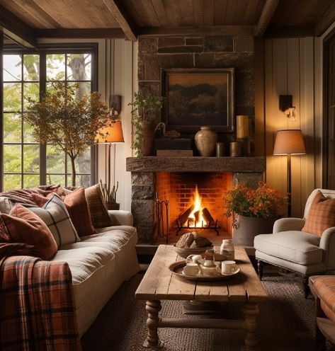 Rustic Cottage Living Room Ideas, Vintage Revival Decor, Farm Home Living Room, Fireplace Kitchen, Cozy Family Rooms, Casa Country, Antique House, Basement Apartment, Cottage Living Rooms