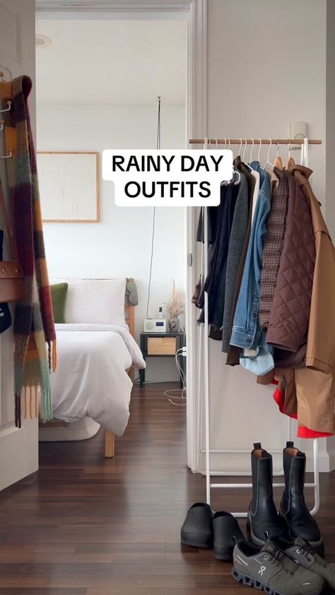 Not sure how to dress on a rainy day? Here are some outfit formulas if... | TikTok Rainy Day Black Outfit, Shopping Outfit Rainy Day, Brunch Outfits Rainy Day, Rain Casual Outfit Rainy Days, Rainy Day Outfit Mom, Rainy Skirt Outfit, Rainy Day Outfit Spring 2024, Minimalist Rainy Day Outfit, Rainy But Hot Day Outfit