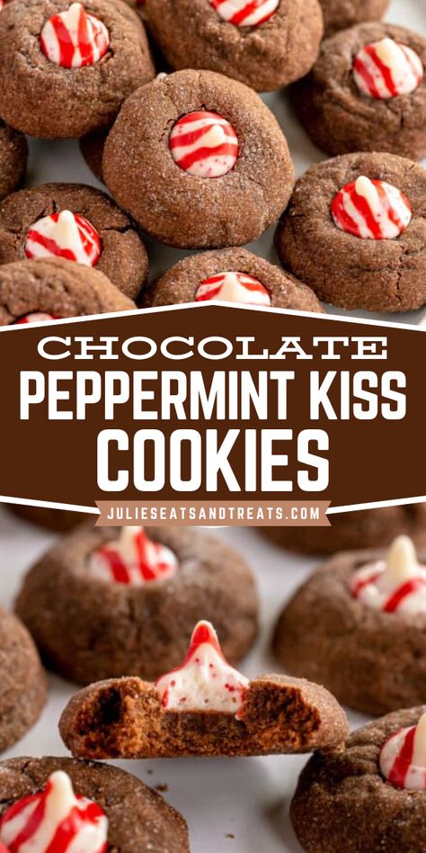 Easy Christmas treat to make! This Chocolate Peppermint Kiss Cookie recipe is delicious, soft, and topped with a festive red and white peppermint kiss. Bake to perfection for a beautiful addition to your holiday dessert. Save this Christmas cookie recipe! Chocolate Cookies With Peppermint Kisses, Peppermint Kiss Cookies Recipe, Peppermint Hershey Kiss Cookies, Peppermint Cookies Christmas, White Christmas Desserts, Peppermint Kiss Cookies, Cookies With Peppermint, Easy Christmas Treat, Peppermint Christmas Cookies