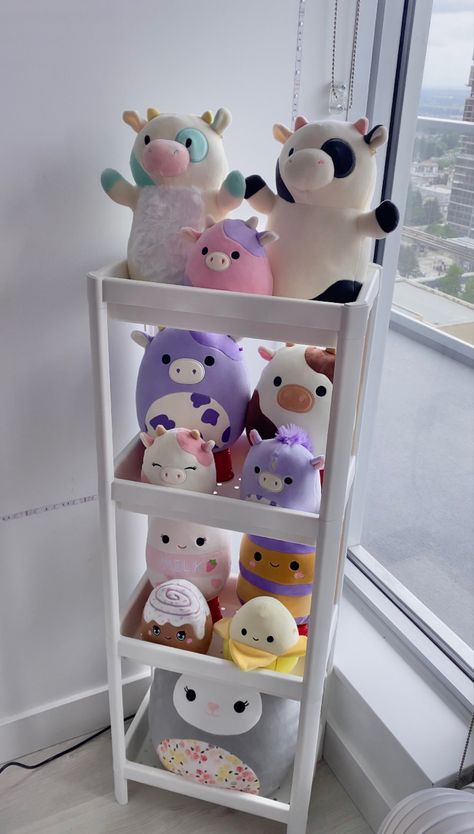 Shelf For Plushies, Plush Collection Aesthetic, Stuffed Toys Organization Ideas, Cute Ways To Display Stuffed Animals, Squishmallows Aesthetic Collection, Ways To Store Plushies, Squishmellow Storage Idea, How To Store Plushies, Stuffed Animal Collection Display