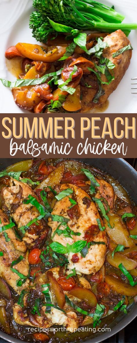 Grilled Peach Chicken Recipes, Crock Pot Peach Chicken, Peach Balsamic Grilled Chicken, Peach Chicken Marinade, Chicken Peaches Recipes, Chicken And Peaches Recipe Dinners, Peach Basil Chicken, Peach And Chicken Recipes, Nectarine Chicken Recipes