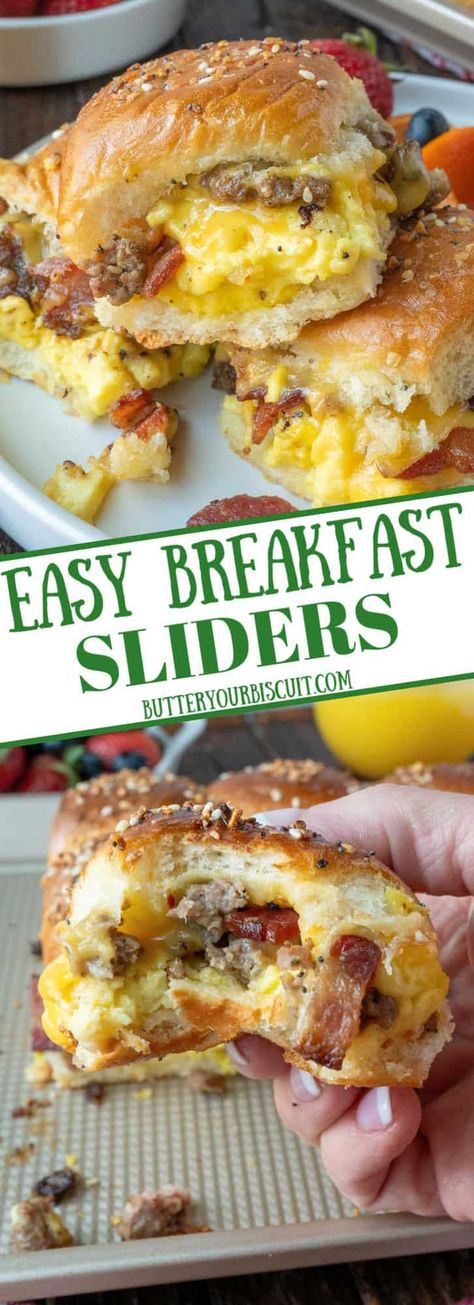 Breakfast Sliders Easy Breakfast Sliders Hawaiian Rolls, Breakfast Kings Hawaiian Rolls, Breakfast Hawian Roll Sandwiches, King Hawaiian Breakfast Sliders, Epic Breakfast Ideas, Quick Breakfast Sandwich Ideas, Sausage Brunch Recipes, Comfort Food Breakfast, Breakfast Hawaiian Rolls Sliders