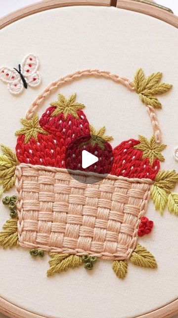 Embroidery by Elahe on Instagram: ""Strawberry basket" 🍓🥰 New summer pattern is live on momentoell shop or Etsy shop ♥️
PDF Pattern and instructions with full video tutorial ✨️
Check the store link in my bio for more details ✨️ 
Happy Saturday 🌸
.
.
." Patchwork, Basket Stitch Embroidery, Strawberry Embroidery Pattern, Floss Crafts, Basket Embroidery, Strawberry Crafts, Embroidery Floss Crafts, Strawberry Basket, Embroidery Lessons