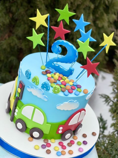 2year Birthday Cake, Second Birthday Cake Boy, Birthday Cake For Baby Boy 2nd, Car Birthday Cake, Cars Cake Design, Cars Theme Cake, Cake Designs For Kids, Twin Birthday Cakes, Train Cake