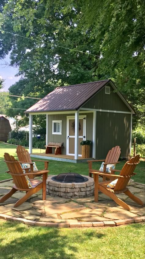 Backyard View, Shed Landscaping, Outside Fire Pits, Tuff Shed, She Shed Ideas, Shed Construction, Fire Pit Furniture, Instagram Add, Stone Fire Pit