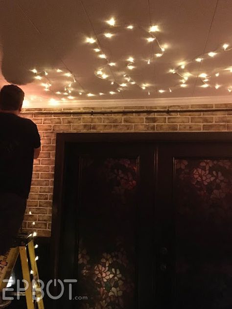 EPBOT: Our Magical Twinkle Light Ceiling, And How We Did It! How To Hang Fairy Lights On Ceiling, Fairy Lights Bedroom Ceiling, Fairy Lights On Ceiling, Ceiling Fairy Lights, Fairy Lights Living Room, Fairy Lights Ceiling, Fabric Ceiling, String Lights In The Bedroom, Fairy Lights Bedroom