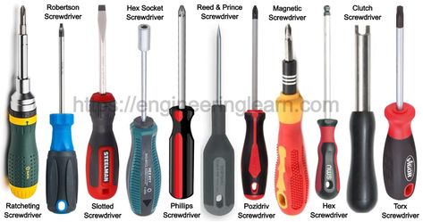 14 Types of Screwdriver and Their Uses [with Pictures] - Engineering Learn Cabluri Electrice, Screw Drivers, Mechanical Engineering Design, Tool Storage Diy, Engineering Tools, Screws And Bolts, Mechanic Tools, Tools Hardware, Metal Working Tools