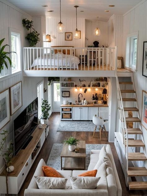 No Walls House, Small Annex Ideas, Mini Loft House, Mini Apartment Ideas Small Spaces, Lofts Pequenos, Tiny Home With Loft, Tiny Home Designs, Loft House Design, Studio House