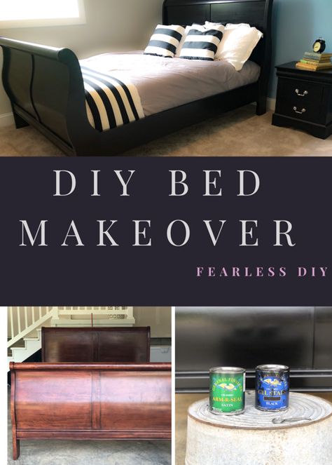 Painting Wood Bed Frame Black, Sleigh Beds Makeover, Slay Bed Makeover Bedroom Ideas, Sleigh Bed Makeover Before And After, Cherry Sleigh Bed Makeover, Gel Stain Bedroom Furniture, Slay Bed Makeover, Black Sleigh Bed Bedroom Ideas, Diy Sleigh Bed Makeover