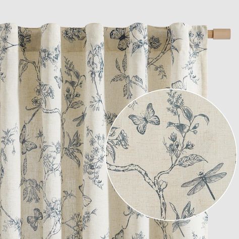 PRICES MAY VARY. Ready Made: Package includes 2 linen curtain panels, each measuring 50"W & 96"L (100"W for pair). The linen curtains are crafted from open weave linen blend fabric and primitively natural effect make the curtain panels more drapery and aesthetic. Vintage Design: The linen floral print curtains add soft dimensions to windows for a space that feels rustic yet complete. Understated hues give an updated sensibility to this elaborate botanical print design. Its graphic pattern in sub Blue Floral Curtains Bedroom, Laundry Room Curtains Window, Farmhouse Floral Curtains, White Dining Room Curtains, Pattern Curtains Living Room, Curtains For Dining Room, Blue Kitchen Curtains, Blue Floral Curtains, Modern Farmhouse Curtains