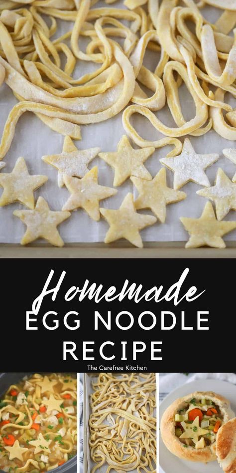 This simple Homemade Egg Noodle recipe uses just 4 ingredients to make the most chewy and flavorful noodles. They’re perfect for using in soups, stews, beef stroganoff, or as a tasty side dish with butter and Parmesan cheese. #thecarefreekitchen #egg #noodles #pasta #homemade #eggnoodles #dough #soup #stroganoff #sidedish Easy Egg Noodles, Egg Noodle Recipe, Egg Noodles Recipe, Noodle Recipes Homemade, Egg Noodle Recipes, Chicken Noodle Soup Crock Pot, Homemade Egg Noodles, Homemade Pasta Recipe, Noodle Recipe