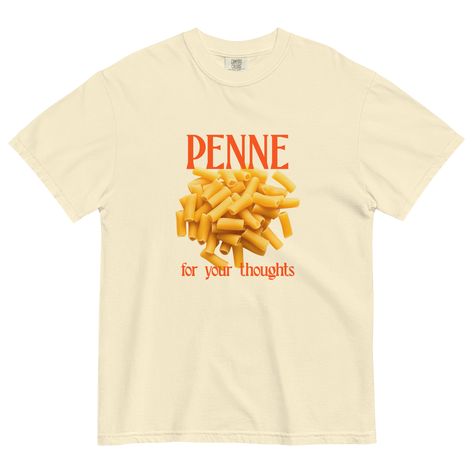 Penne For Your Thoughts T-Shirt – Polychrome Goods Screenprinting, Weird T Shirts, Funky T Shirts, Funky Shirts, I Wish You Well, Silly Shirt, Weird Shirts, Vintage Candles, Graphic Shirts