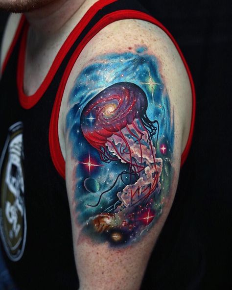 Galaxy Jellyfish Tattoo, Tattoos Jellyfish, Space Jellyfish, Tattoo Jellyfish, Hairline Tattoos, Single Needle Tattoo, Jellyfish Tattoo, Jellyfish Art, Back Of Shoulder Tattoo