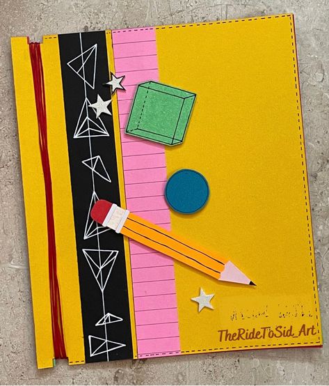 Scrapbook on shapes coverpage. #scrapbook #booklet #shapes #stars #circle #pencil #square #rectangle #notebook Teachers File Decoration Ideas, Holiday Homework Notebook Decoration Ideas, Book Decoration Ideas Cover, Teacher Register Cover Decoration Ideas, Booklet Front Cover Design, Booklet Cover Design For School Project, Teacher Dairy Decorations Ideas, Scrapbook Decoration Ideas For School, Maths File Cover Decoration