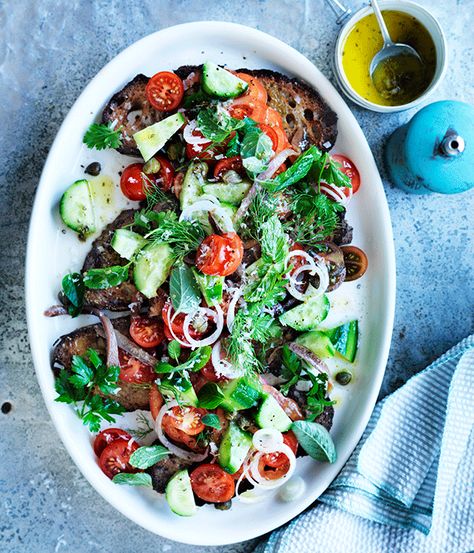 Santorini salad recipe :: Gourmet Traveller Santorini Salad, Interesting Salads, Traditional Greek Salad, Recipes Gourmet, Barley Salad, Mediterranean Meals, Olive Salad, Asparagus Salad, Cucumber Recipes