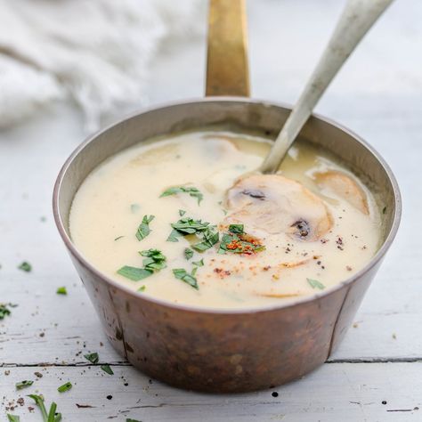 CHICKEN VELOUTE SAUCE — French Cooking Academy Chicken Veloute, Mushroom Pork Chops, French Sauces, French Recipes, Low Carb Sauces, Herb Chicken, Gravy Sauce, Cooking Sauces, Fish Stock