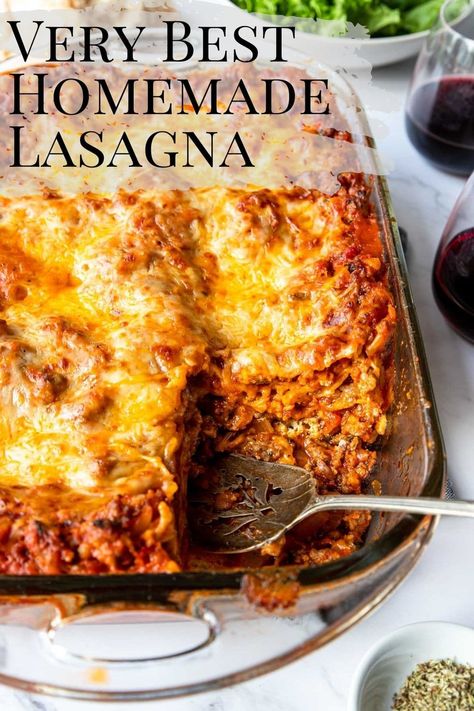 The BEST Homemade Lasagna recipe you will make that your family will request again and again. Delicious layers of lasagna noodles, rich Italian sausage tomato sauce, herby ricotta and melty cheese bake up perfectly together. It is a great family dinner for any occasion. Bonus, it can be made ahead and even frozen for easy dinner prep! Lasagna Recipe With Ready Bake Noodles, Lasagna Recipe With Ricotta Oven Ready Noodles, Polish Lasagna, Best Damn Lasagna, Lazy Lasagne, Best Lasagna Recipe Ever, Easy Dinner Prep, Entertaining Food Dinner, Sausage Tomato Sauce