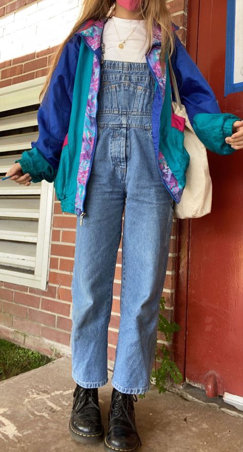 outfit vintage fashion overalls ideas Overalls 80s Outfit, 80’s Overalls, 80s Outfits Overalls, 80s Overalls Outfit Vintage, 90s Overalls Outfit Women, Retro Overalls Outfit, Colorful Artsy Outfit, Patchwork Overalls Outfit, Overalls With Long Sleeve Shirt