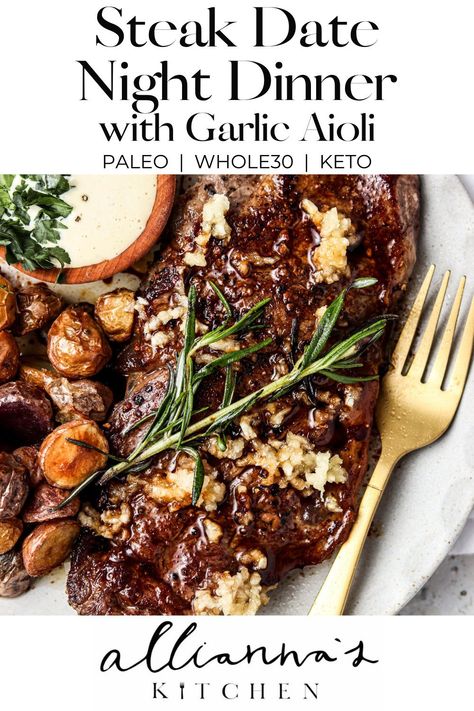 This New York Strip Steak date night dinner makes takeout steaks taste weak. In this recipe, i go through the step by step process on how to get your steak juicy on the inside, yet crispy on the outside. This well seasoned steak combined with the garlic aioli is oh so delicious. This meal is naturally paleo and whole30 friendly and can be modified to be keto friendly. #paleo #whole30 #keto #healthyrecipe #steak Paleo Steak Recipes, New York Steak Recipe, Ny Strip Steak Recipes, Steak Toppings, Seasoned Steak, Paleo Steak, Garlic Aioli Recipe, Sirloin Steak Recipes, New York Strip Steak