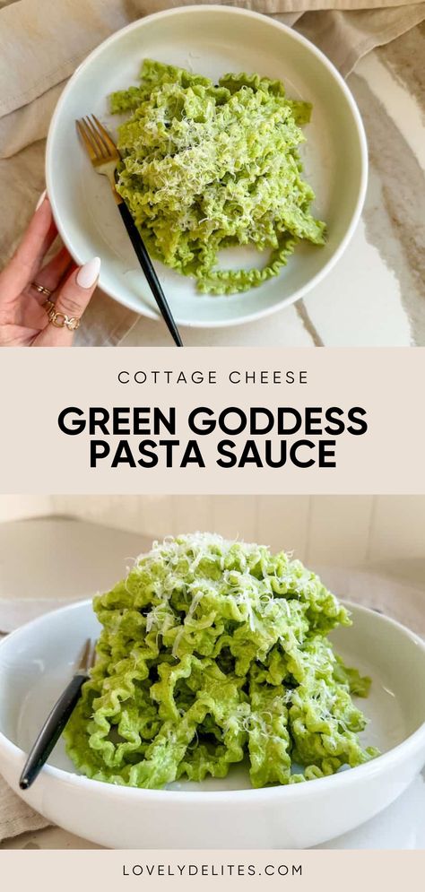 This Cottage Cheese Pasta Sauce comes together in just a few minutes and is full of fresh flavors and herbs. It's made with cottage cheese and greek yogurt which adds a ton of protein too. It's a quick & easy healthy dinner idea. Sauces With Cottage Cheese, Healthy Recipes Cottage Cheese, Pasta Alternative Healthy, Lemon Cottage Cheese Pasta, Cottage Cheese Dinner Recipes Healthy, Second Trimester Dinner Ideas, Spinach Cottage Cheese Pasta, Green Pasta Sauce Recipe, Lunch With Cottage Cheese