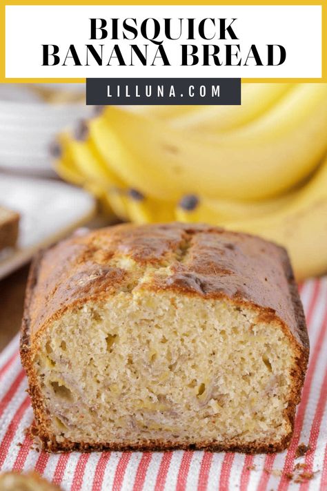 Have extra ripe bananas lying around? Bake a loaf of this Bisquick banana bread! Moist, sweet, and delicious. #bananabread #bisquick #banana #quickbread #bread Bisquick Banana Bread, Banana Bread Moist, Jiffy Mix Recipes, Banana Bread Recipe Easy Moist, Bisquick Recipe, Banana Bread French Toast, Banana French Toast, Brunch Bread, Bisquick Recipes