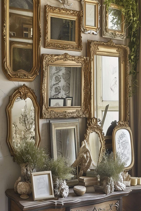 Wall adorned with various shapes of antique mirrors creating a vintage and eclectic design statement. Many Pictures On Wall, Multiple Antique Mirrors On Wall, Antique Frame Wall Ideas, Wall With Vintage Frames, Victorian Mirror Wall, Antique Mirrors Vintage, Antique Shelf Ideas, Mirror And Photo Wall Decor, Vintage Picture Frame Gallery Wall