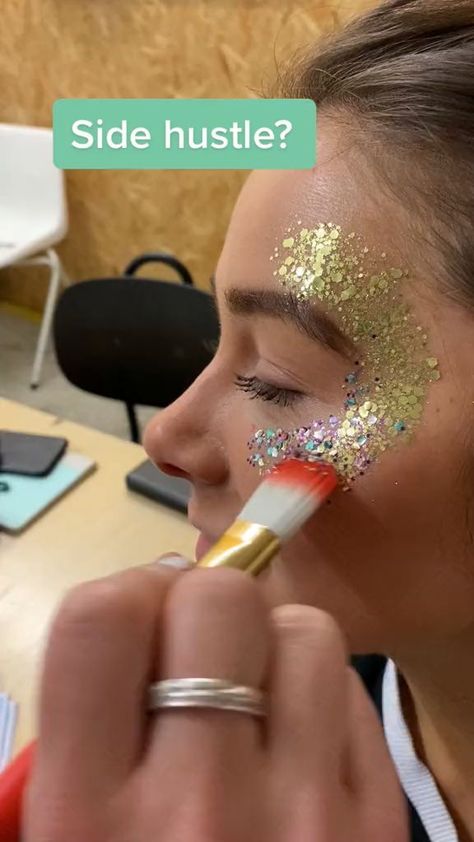 Festival Makeup Rave Glitter, Face Glitter Art, Neon Glitter Makeup, Makeup Event Ideas, Glitter Editorial Makeup, Festival Eye Makeup Glitter, Glitter Face Ideas, Glitter Mixes Ideas, Pride Glitter Makeup