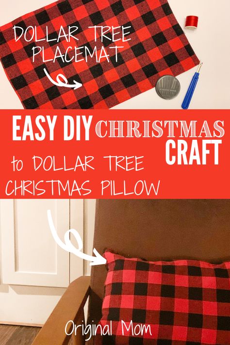 Easy Christmas Craft for cute Buffalo Plaid pillow from Dollar Tree! So cute!! No sewing required! Make a cute budget friendly Buffalo Plaid pillow to add to your Christmas Decor! Dollar Tree Pillows, Dollar Tree Pillow Diy, Diy Buffalo Plaid Christmas Decor, Dollar Tree Placemat Crafts, Christmas Plaid Decor, Souper Saturday, Honolulu Apartment, Make Throw Pillows, Plaid Placemats