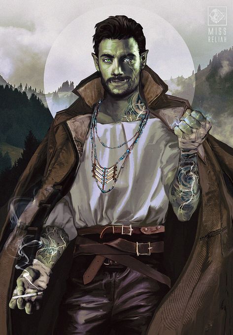 m Half Orc Warlock Leather Armor Cloak smoking Conifer forest Hills valley farmland Tower ArtStation Cassius Gray by Reliah A lg (100) Half-orc Male, Dnd Orc, Half Orc, Pathfinder Character, Fantasy Races, Dungeons And Dragons Characters, Arte Fantasy, Fantasy Rpg, Urban Fantasy