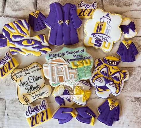 LSU Mass Communication Graduation Cookie Set by Cajun Home Sweets Lsu Graduation Party Ideas, Lsu Themed Graduation Party, Lsu Graduation Party, Lsu Party Decorations, Lsu Grad Party, Lsu Cookies Decorated, Lsu Party, College Acceptance Pictures Lsu, Bed Party College Lsu