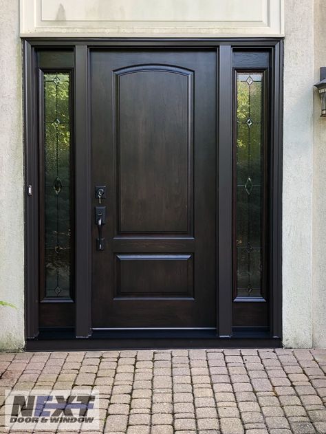 Exterior Doors With One Sidelight, Main Door Color Ideas Wood, Main Door Design Entrance Black, Main Door Design Modern Front Entry Double Door, Black Main Door, Entrance Door Design Modern Home, Main Door Color Ideas, Front Door Design Modern Entrance, Front Entry Doors With Sidelights