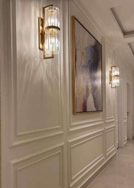 Long Corridor Decor, Modern Classic Wall Panel Moldings, Dining Room Wall Woodwork, Hallway Wall Trim Ideas, Picture Moulding On Walls, Hallway Wall Panelling, Trim For Walls, Boutique Hotels Interiors, Latest Living Room Designs